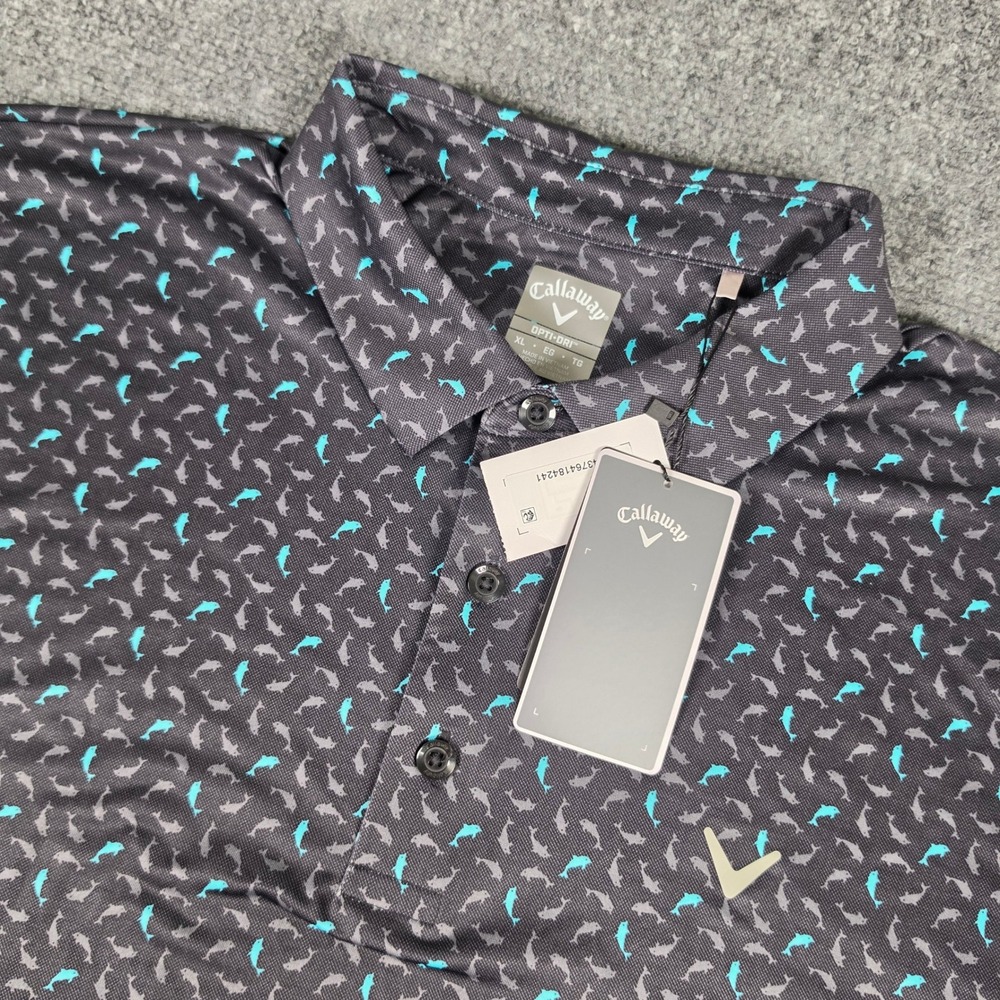 Callaway Dolphin Print Golf Polo Mens XL Caviar Black Opti-Dri CGKSF0A3 NWT